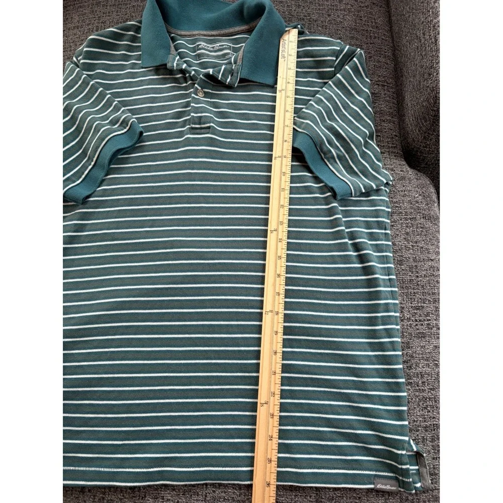 Eddie Bauer Mens Striped‎ Polo Shirt Teal White Short Sleeve Collared Size L